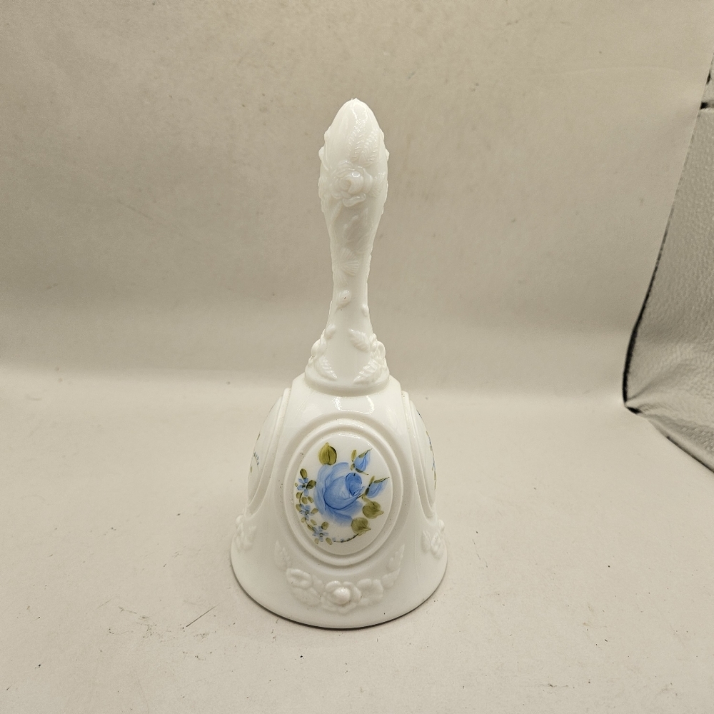 Fenton White Milk Glass Medallion Blue Bell Blue Rose Hand Painted.  Item is in